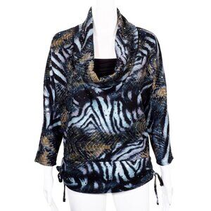 Isabella Rodriquez Womens Tunic Top Medium Cowl Neck Blue Animal Print Multi